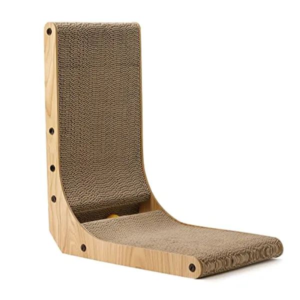 FUKUMARU Kratzbrett Katzen, 47 cm hohe L förmige Kratzpappe, widerstandsfähig Katzenkratzbrett mit Ballspielzeug, Kratzmöbel aus hochwertiger Karton für Wand und Ecke, Mittlere Größe