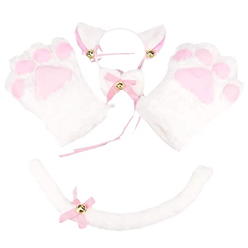 Laivomda Cat Cosplay Costume Cat Ears and Tail with Collar, Cat Paws Gloves Set for Halloween Chrismas Party Dress Up - White