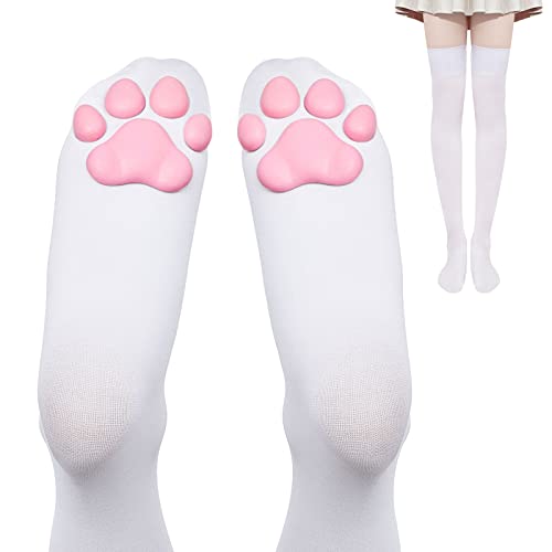Geyoga Cat Paw Pad Socks Thigh High Pink Cute 3D Kitten Claw Stockings for Girls Women Cat Cosplay - White-pink