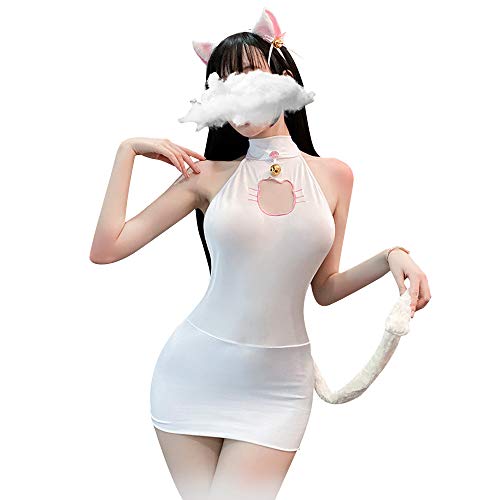 YOMORIO Anime Cat Lingerie Cute Cat Face Keyhole Bodycon Dresses Cosplay Costume - White