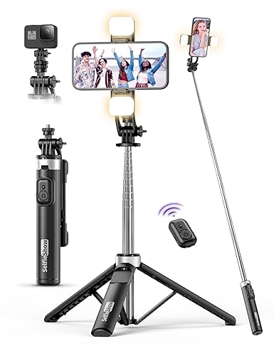 135CM Bastone Selfie Treppiede con 2 Luce di Riempimento, 4 in 1 Selfie Stick Treppiede per Telefono con Telecomando Treppiedi Portatile con Vite da 1/4 Compatibile con Gopro/iPhone/Samsung