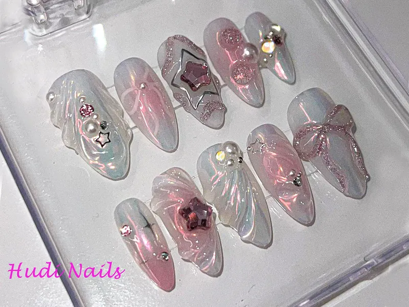 Charming Pink Bow Press On Nails | Sparkling Star Charms & Pearlescent Elegance: Pink and White Nail Designs | Cute Nails | HD146T