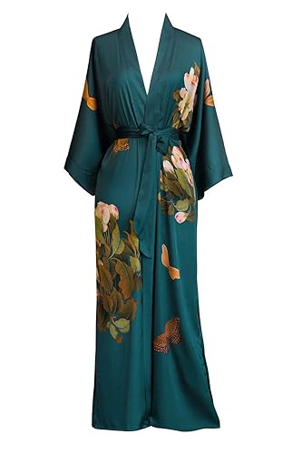 OLDSHANGHAI Women's Charmeuse Kimono Robe Long - Watercolor Floral, Long Robe for Women and Men - One Size - Peony & Butterfly- Vintage Teal