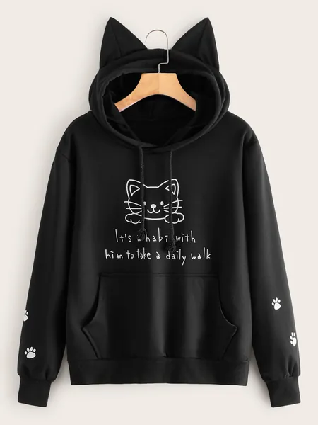 SHEIN EZwear Cat & Slogan Graphic Kangaroo Pocket Hoodie