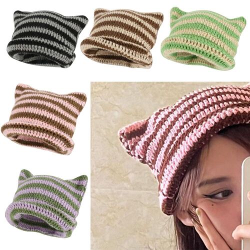 Cute Cat Ears Striped Ins Little Devil Japanese Beanie Hat Knitted Wool Cap  | eBay