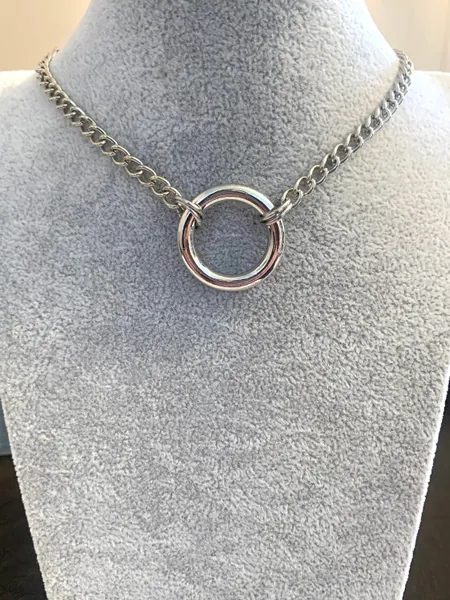 O-Ring Nickel-tone Curb Chain Choker Necklace Goth Cosplay Submissive Emo Punk