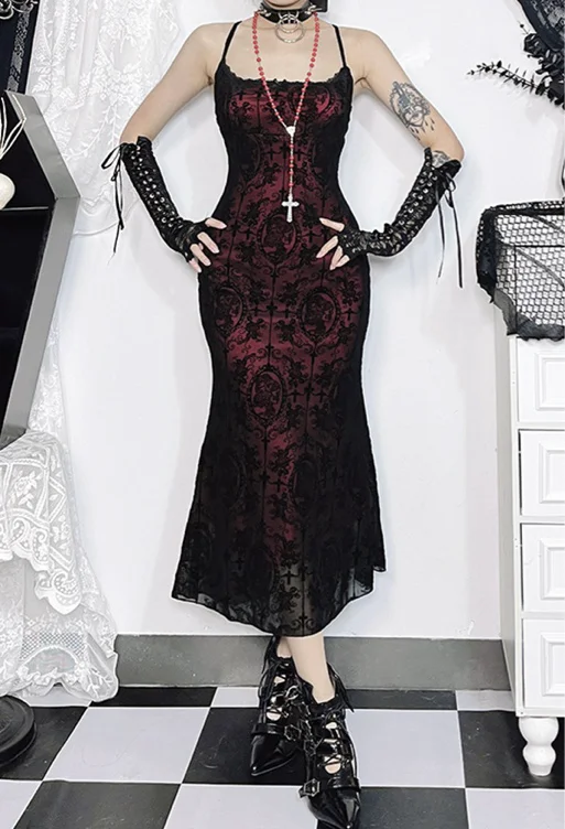 欧美风性感十字架植绒吊带鱼尾裙