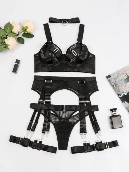 Plus 5pack Fishnet Underwire Garter Lingerie Set