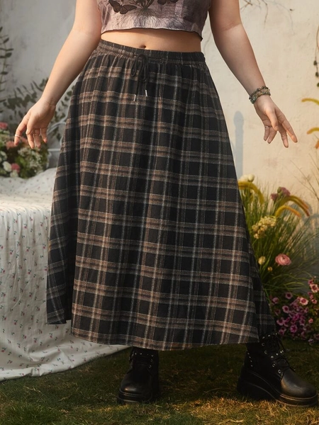 Fairycore Plus Plaid Print Drawstring Waist Skirt
