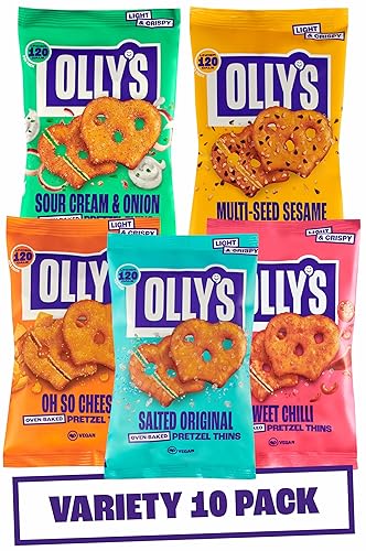 Olly's Pretzel Thins, New Variety Pack, 35g (Pack of 10), x2 Salted, x2 Multi Seeded, x2 Sour Cream, x2 Sweet Chilli x2 Cheesy, Low Calorie Snacks, Low Fat, Source of Fibre, No Preservatives