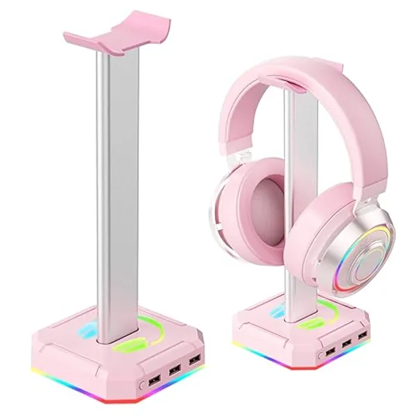 TuparGo Pink Headphone Stand RGB Lights Gaming Headset Holder with 3 USB Port for Charging or Connecting Headset Keyboard and Mouse,9 Modes Can be Toggles and Off,Aluminium Connecting Rod. - Pink