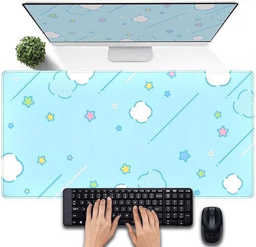 Pastel Blue Star Grid Desk Mat Kawaii Mouse Pad, Cute Large Gaming Mousepad Desk Pad XXL, Desk Pad Mat for Keyboard and Mouse, Laptop Computer Mat, Large Office Desk Decor for Women 31.5"x15.75" - Pastel Blue Star Grid
