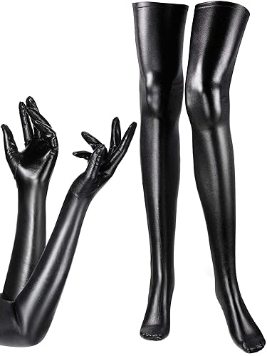 SATINIOR Women's Costume Set Elastic Spandex Shiny Wet Long Gloves and Wet Look Thigh High Stockings