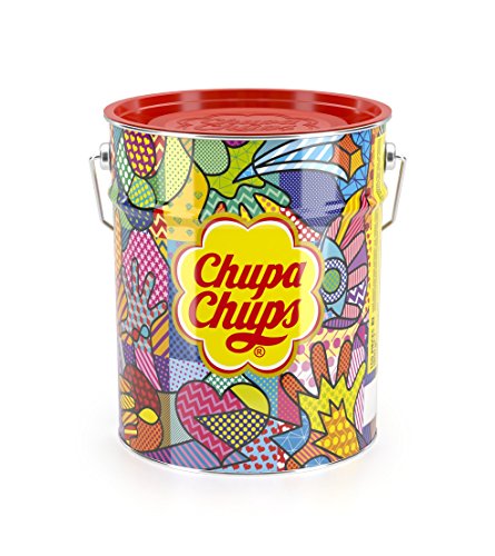 Chupa Chups Best of Lollipop-Eimer, enthält 150 Lutscher in 5 Geschmacksrichtungen in der Pop-Art Metall-Dose, praktische Aufbewahrungs-Dose, Weihnachten, 150 x 12g - Single