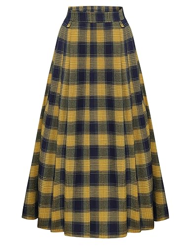 SCARLET DARKNESS Gonna rinascimentale da donna, a quadri, con elastico in vita, linea ad A, vittoriana, gonna lunga, cosplay - Plaid Giallo Blu - XL