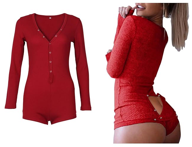 Roselux Women's Sexy Deep V Neck Shorts Long Sleeve Knitted One Piece Bodysuit Sexy Pajama Onesie Bodycon Rompers Overall - F-back Flap-wine Red2 - Small