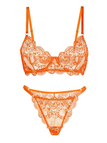 Orange Floral Embroidery Lingerie Set | ORANGE / L