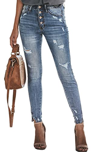 Allimy Women's High Rise Skinny Stretch Ripped Jeans High Waisted Destroyed Denim Pants - 2 - Blue-14