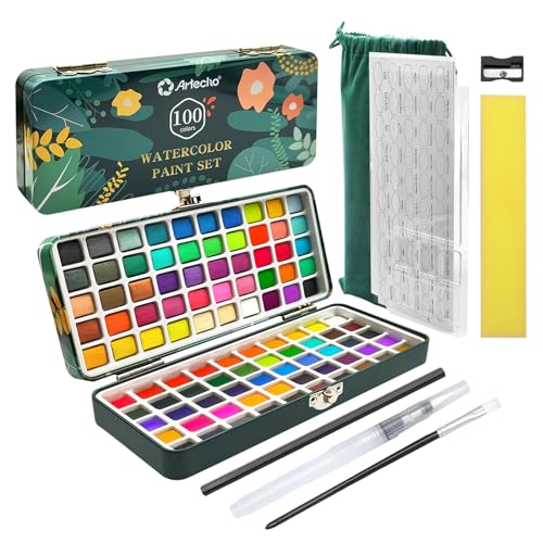 Artecho Aquarellfarben Set 100 Farben in Tragbarer Box, Mit Pinsel und Aquarellpapier, Aquarell für Reisen, Wasserfarben für Künstler und Hobbymaler - 100 Farben