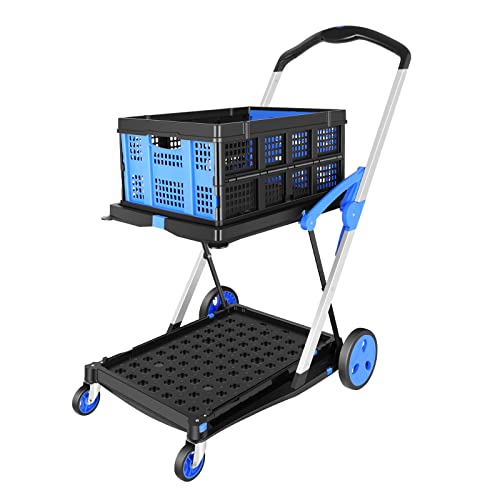 Functional Collapsible Utility Cart,Collapsible Shopping carts with Storage Crate Adjustable Shopping Cart Mobile Folding Trolley Lightweight, High-Capacity Storage Cart - Blue