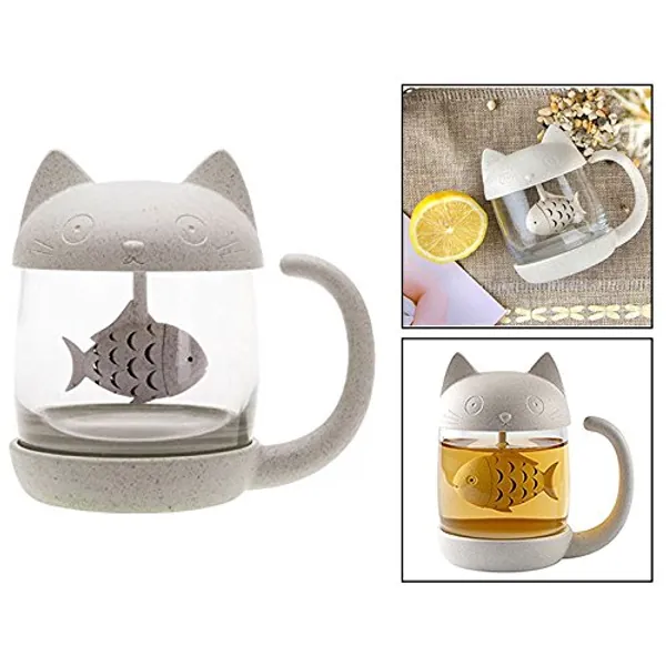 OFKPO Novelty Cat Glass Tea Cup Water Coffee Bottle with Infuser Strainer Filter 250ML Ideal Christmas Birthday Gift