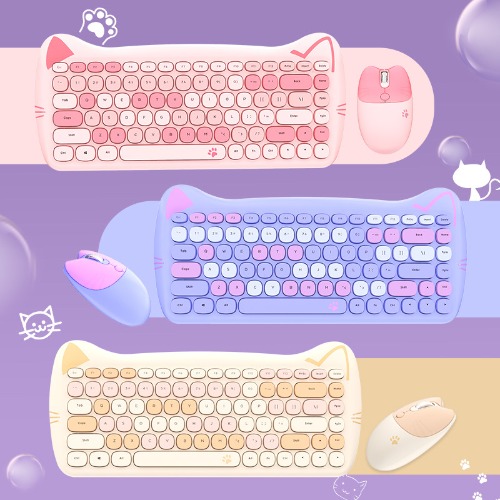 Cut Cat 2.4G Wireless Ergonomics Keyboard Set Mixed Candy Color Keycap Keyboard and Mouse Comb for Laptop Notebook PC Girls Gift