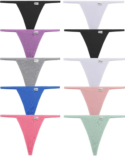 FINETOO 10 Pack G-String Thongs for Women Cotton Panties Stretch T-back Tangas Low Rise Hipster Underwear Sexy S-XL