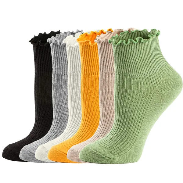 Mcool Mary Womens Socks, Ruffle Turn-Cuff Casual Ankle Socks Cool Thin Cotton Knit Lettuce Low Cut Frilly Sock 6 Pack