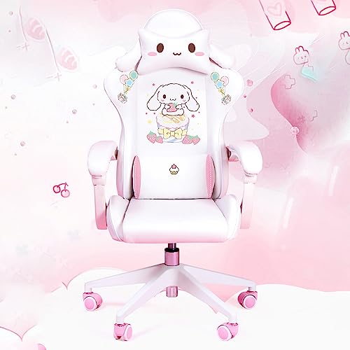 Cinnamoroll Pink Gaming Chair for Kids, Cartoon Gamer Chair for Teens Adults Computer Chair for Girls Video Game Chairs Silla Gamer Ergonomic PC Chair（Pink-White）