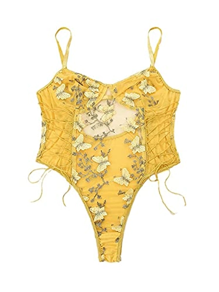 Lilosy Women Sexy Lace Up Floral Embroidered Teddy Lingerie Bodysuit Top Mesh Sheer One Piece