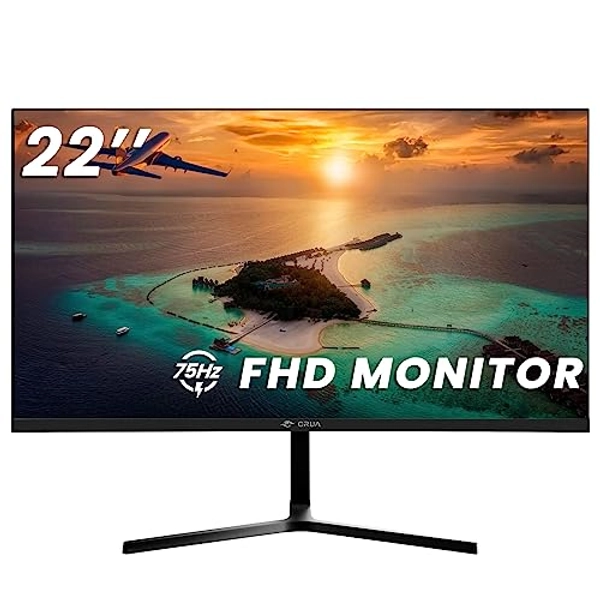 CRUA 22 Inch Monitor, FHD(1920x1080P) 75HZ VA Desktop Computer Monitor, 3 Sides Narrow Bezel 178° Wide Viewing Angle Business Office Display with Eye-Care Technology, VGA&HDMI Port-Black