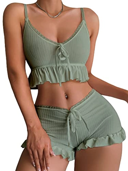 SweatyRocks Women's 2 Piece Lingerie Set Pajama Sets Ruffle Trim Tie Front Cami Top and Shorts Sleepwear