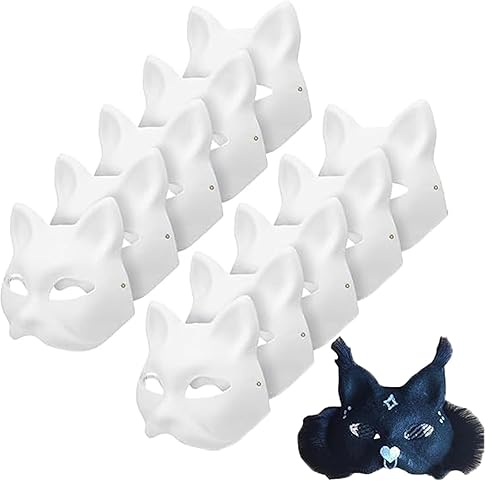 Apettoey 10PCS Cat Mask Therian Masks White Cat Masks to Paint Blank Animal Dress Up Masks DIY White Masks Half for Masquerade Halloween Kids Cosplay Masks Costume Party Favors
