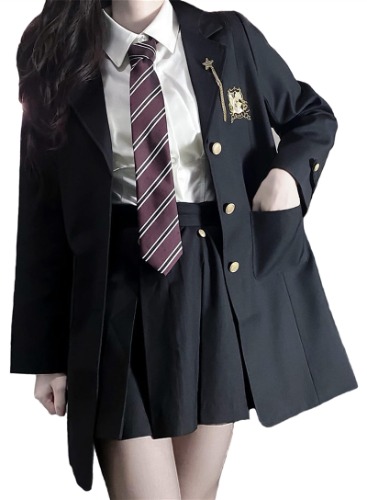 QOOLY High School Student Uniform, Black, Blazer, Long Length, Student Uniform, Pleated Skirt, Necktie, Long Sleeve Shirt, 4-piece Set, School Jacket, Coat, High School Students, Cosplay, Sailor - XL