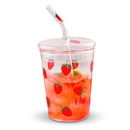 Strawberry Milk Cup, Cute Strawberry Mug Glass Milk Bottle Water Juice Smoothie Drinking Cup for Home Office School