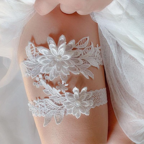 Floral Lace Garters - White Intricate Double Garter