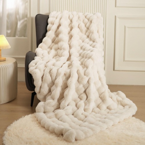 Super Comfort Oversized Warm Thick Bubble Double Sided Plush Rabbit Faux Fur Throw Blanket, Fluffy Blanket,Soft Cozy Blanket for Couch Chair Bed Sofa Living Room,White50'' x 60'' - 50inX60in - White