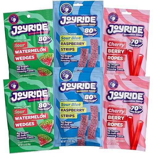 JOYRIDE "Fan Favorites" Variety 6 Pack - 2 Blue Raspberry Strips, 2 Cherry Berry Ropes, 2 Watermelon Wedges, Low Calorie Gummy Candy