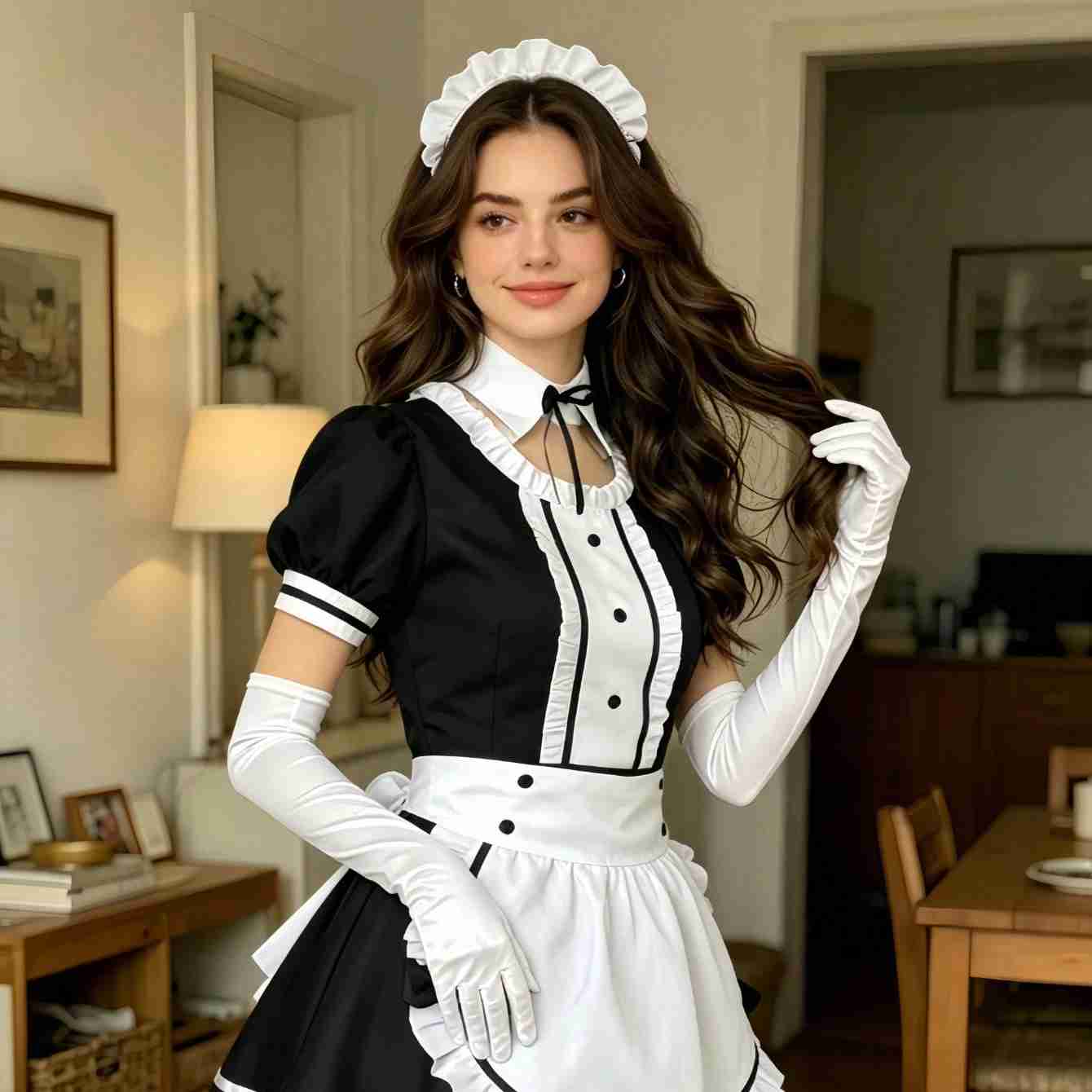 1pc Maid Dress Set, Black & White Color Block, Petal Sleeve With Ruffle Apron, Delicate Lace & Bow Details, Fitted Silhouette, Suitable For Cosplay, Maid-Themed Parties, Photo Shoots