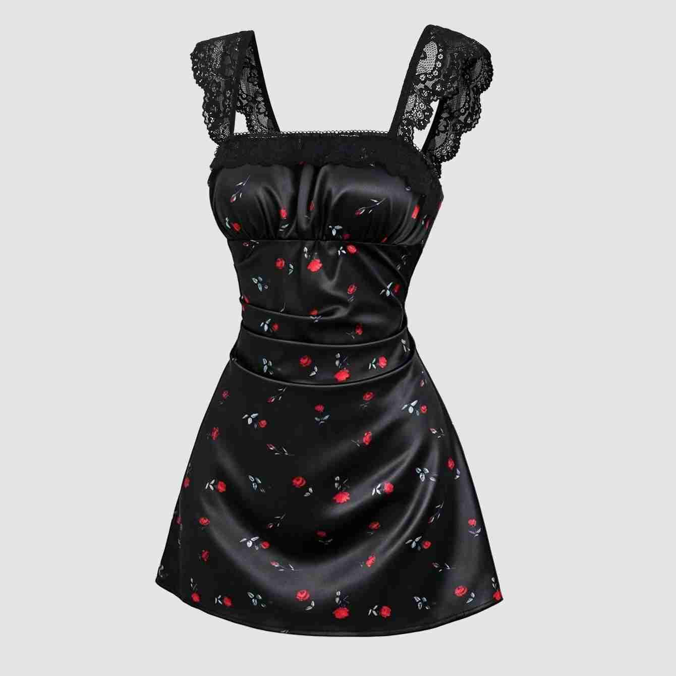 Sweetra Summer Fashion New Design French Romantic Retro Contrast Lace Cinched Waist Rose Ditsy Floral Short Dress For Women