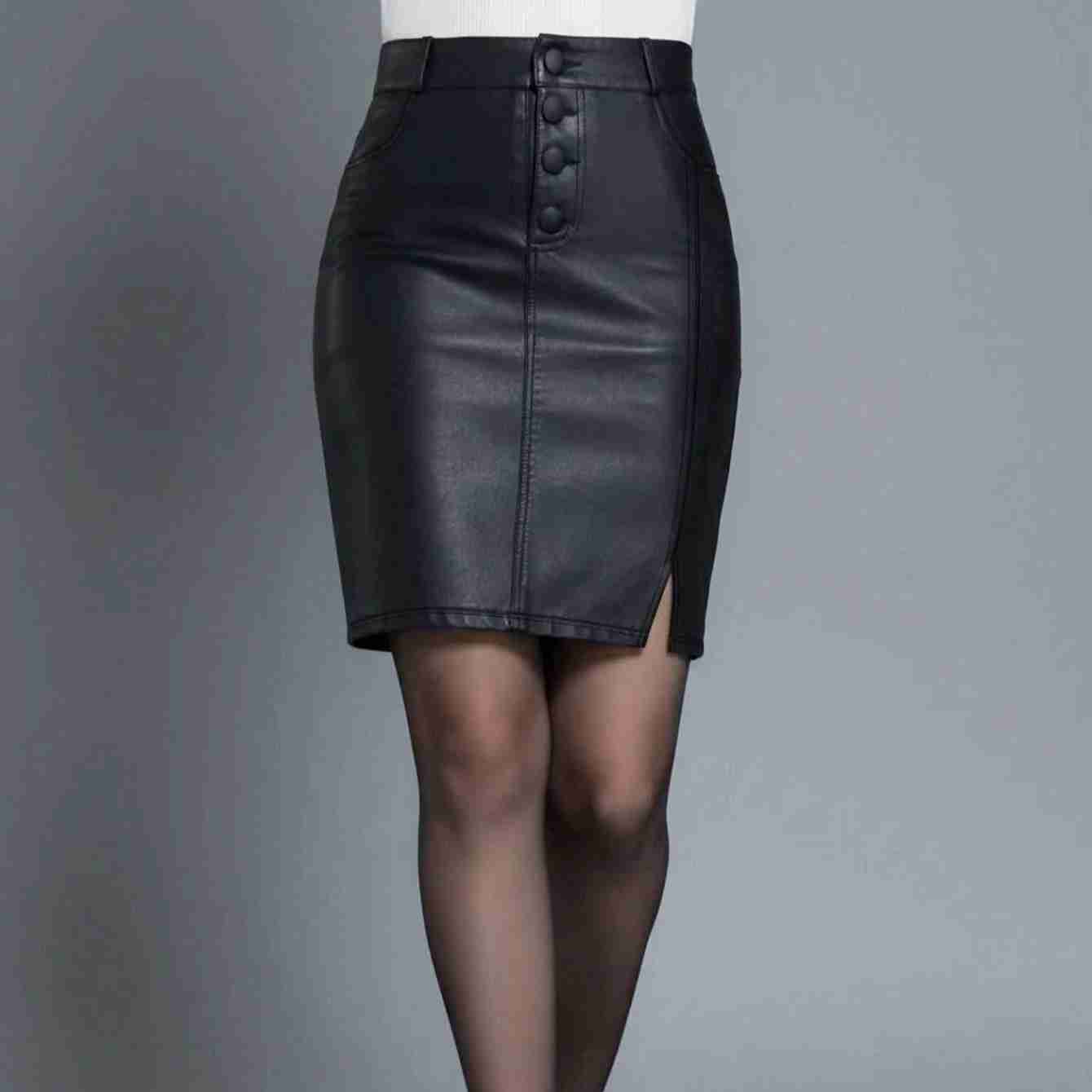 High Waist Sexy Women's Skirt, Elegant Solid Color Button Fitted PU Skirt, Spring Summer Autumn Women Clothing Black