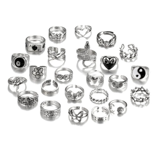 TOFBS Vintage silver punk ringar set för män kvinnor öppna tjocka knogringar emo ringar stapelbara djurringar coola gotiska ringar set boho Y2K ess fjäril orm skalle hjärta blomma ringar - 24 st