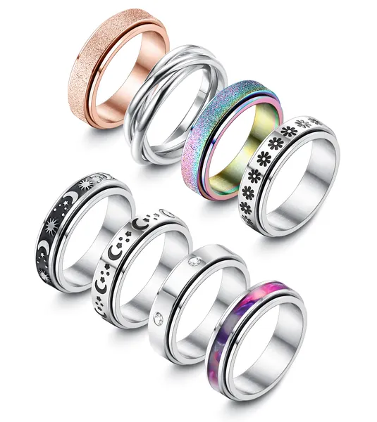 Adramata 8 st fidget ringar för kvinnor män rostfritt stål ringar för anti-stress fidget spinner band ringar set fidget ångest ring spinning ångest ringar för anti-stress