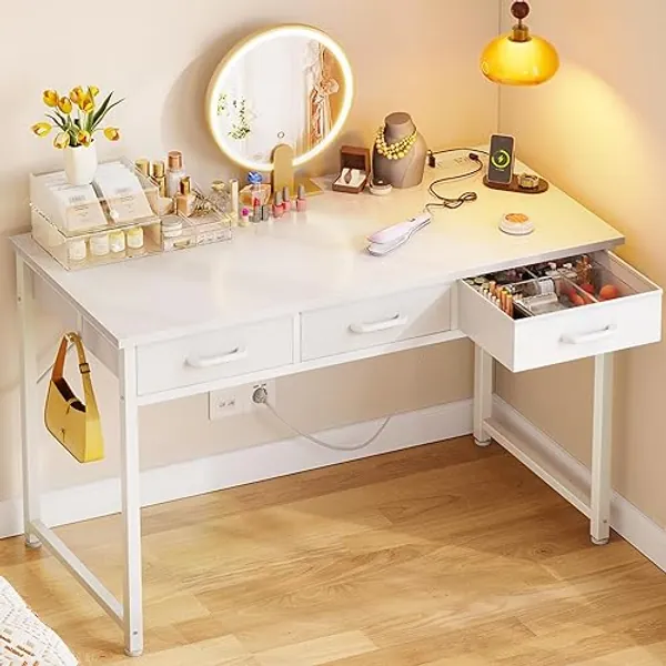 AODK 48" Small Vanity Desk No Mirror with Drawers & Power Outlet, Makeup Vanity Table for Bedroom with Storage Hook, Girls Vanity Desk, Compact Makeup Table, White - 48 inch - White