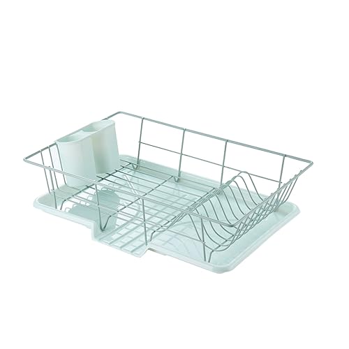 Sweet Home Collection Space-Saving 3-Piece Dish Drainer Rack Set: Efficient Kitchen Organizer for Quick Drying and Storage - Includes Cutlery Holder and Drainboard - Maximize Countertop Space, Mint - Mint