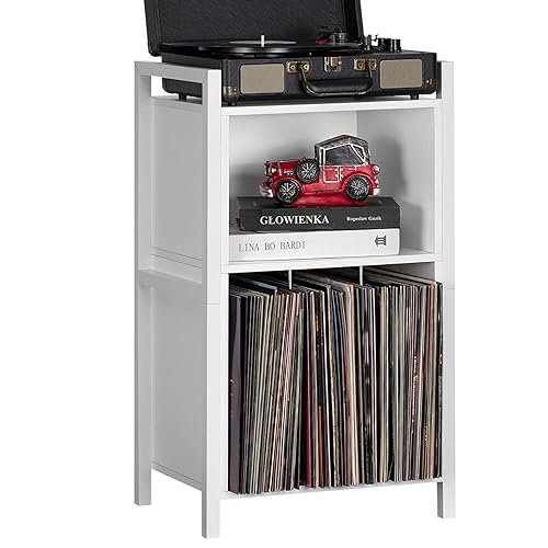YAHARBO White Record Player Stand, 3-Shelf Vinyl Record Holder with Storage, Vintage Turntable Stand Holds Up to 100 Albums, Record Table with Handle for Living Room, Bedroom, Office - Snow-white - Small