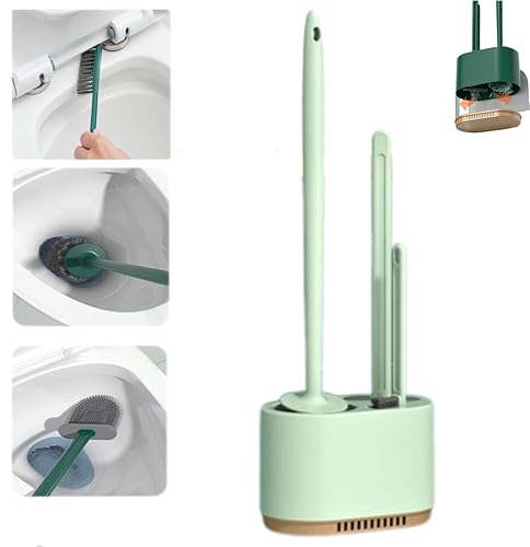 Toilet Brush and Plunger Set，Plunger and Brush Set，Silicone 3 in 1 Bathroom Holder，Silicone Toilet Plunger，Toilet Scrubber Set for Toilets，for Bathroom, Toilet, Cleaning, Bristles(Light Green) - Light Green