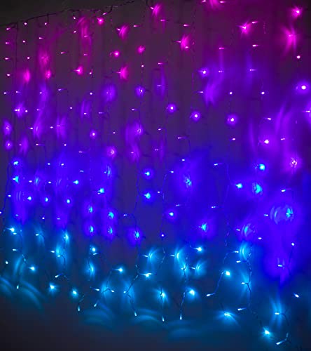 Pink Purple & Blue Ombre Fairy Curtain Lights with Dimmer Switch, Ombre Rainbow LED Icicle String Curtain Lights for Girls Room, Bedroom, Teen Room, Kids Room, Wedding, Valentines Mermaid Décor - Mermaid Color with Dimmer Switch