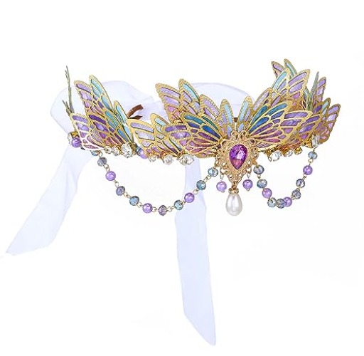 Yean Butterfly Fairy Headband Purple Crystal Elf Enchanted Tiara Pearl Bridal Costume Party Hairband for Women and Girls
