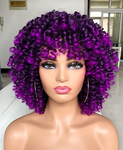 Annivia Curly Afro Wig with Bangs Short Kinky Curly Wigs for Black Women Synthetic Fiber Soft Hair Short Curly Afro Wig (Galaxy Purple) - Galaxy Purple